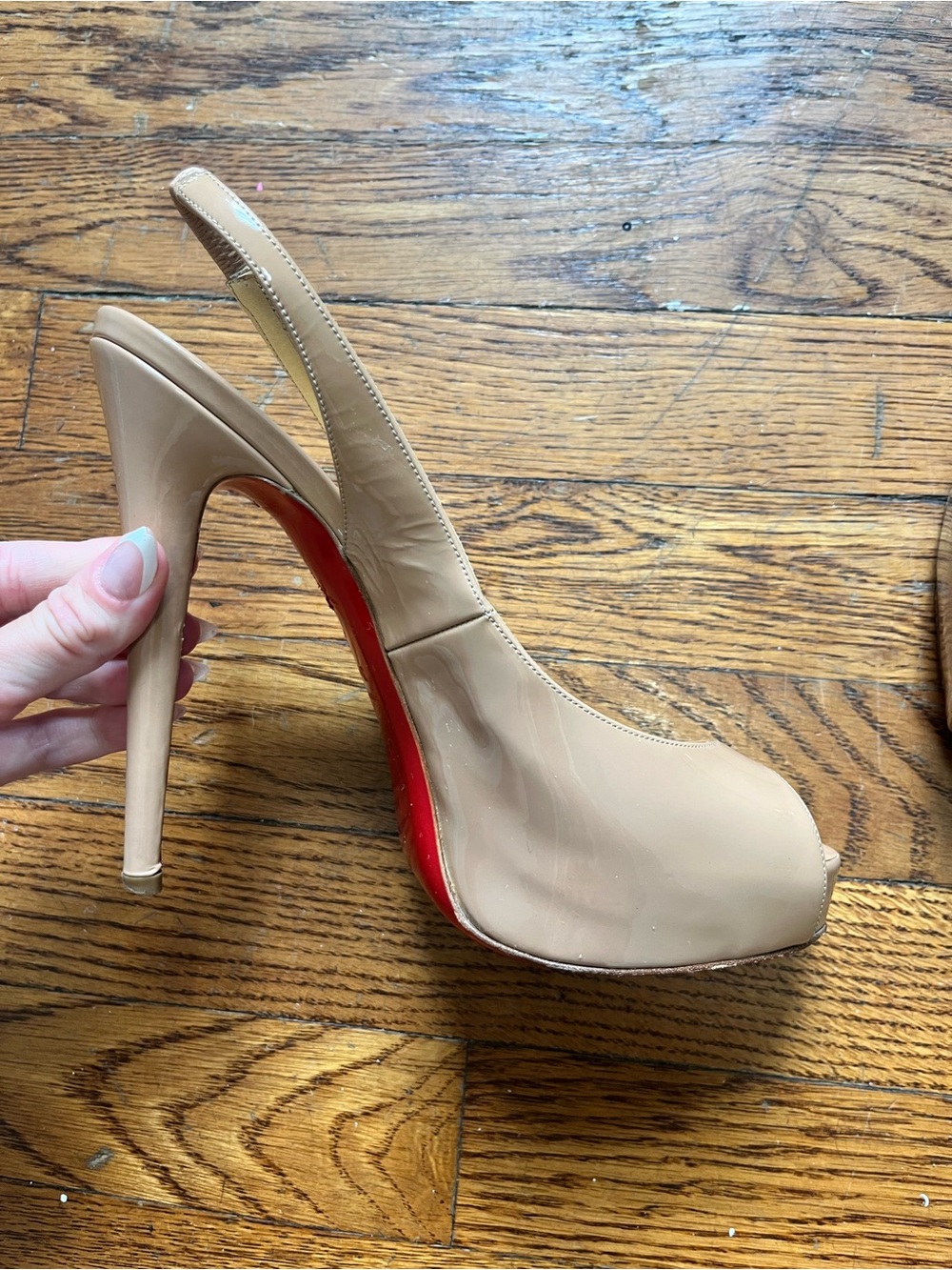 Christian Louboutin Nude Patent Peep-Toe Slingback Pumps - Picture 8 of 10